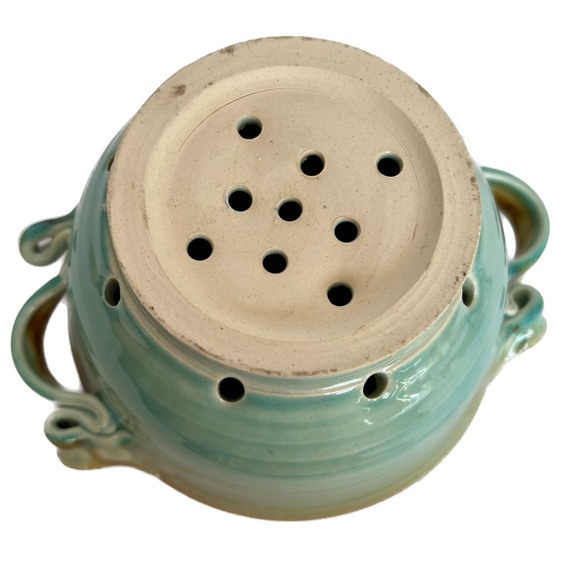 Studio Art Pottery Colander Strainer Fruit Bowl Pottery Green Brown Hand Made - Picture 7 of 7